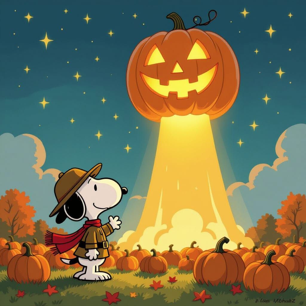 Snoopy as Flying Ace Meets Giant Glowing Great Pumpkin