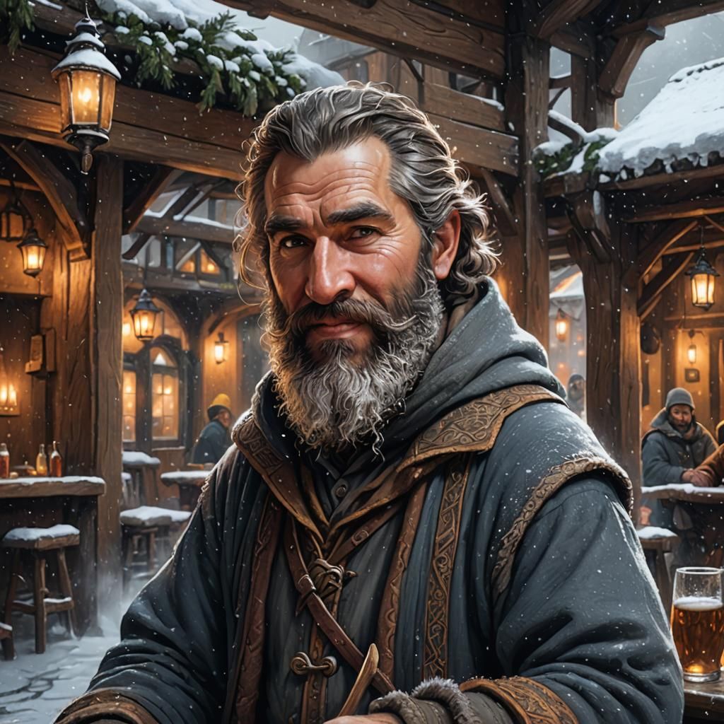 Friendly Storyteller in a Medieval Tavern