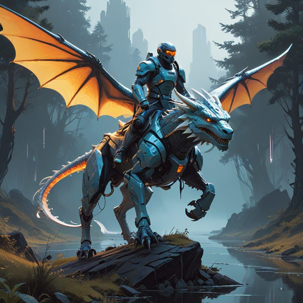 Sleek Warforged Rider in Harmony with Iridescent Dragon