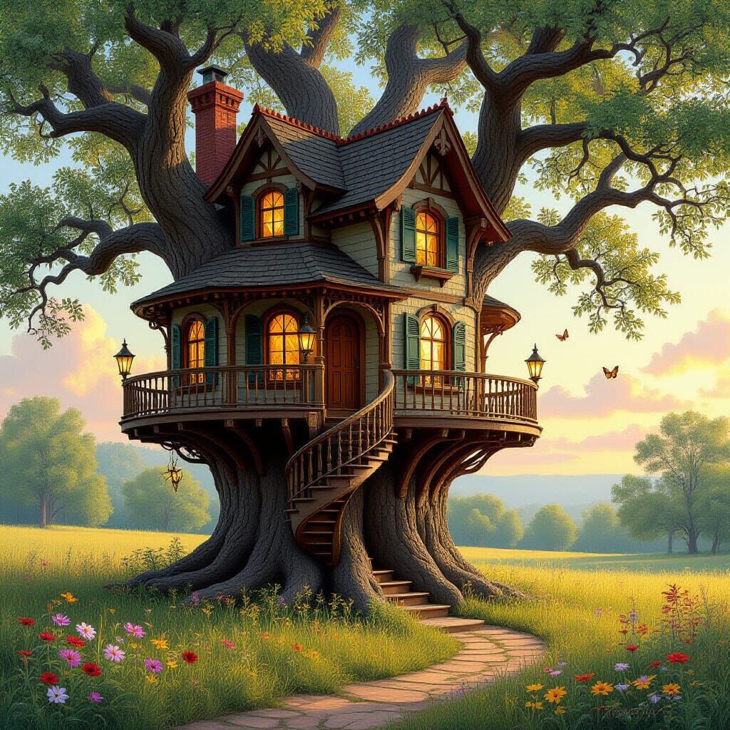 Victorian Treehouse in Ancient Oak, Painterly Style