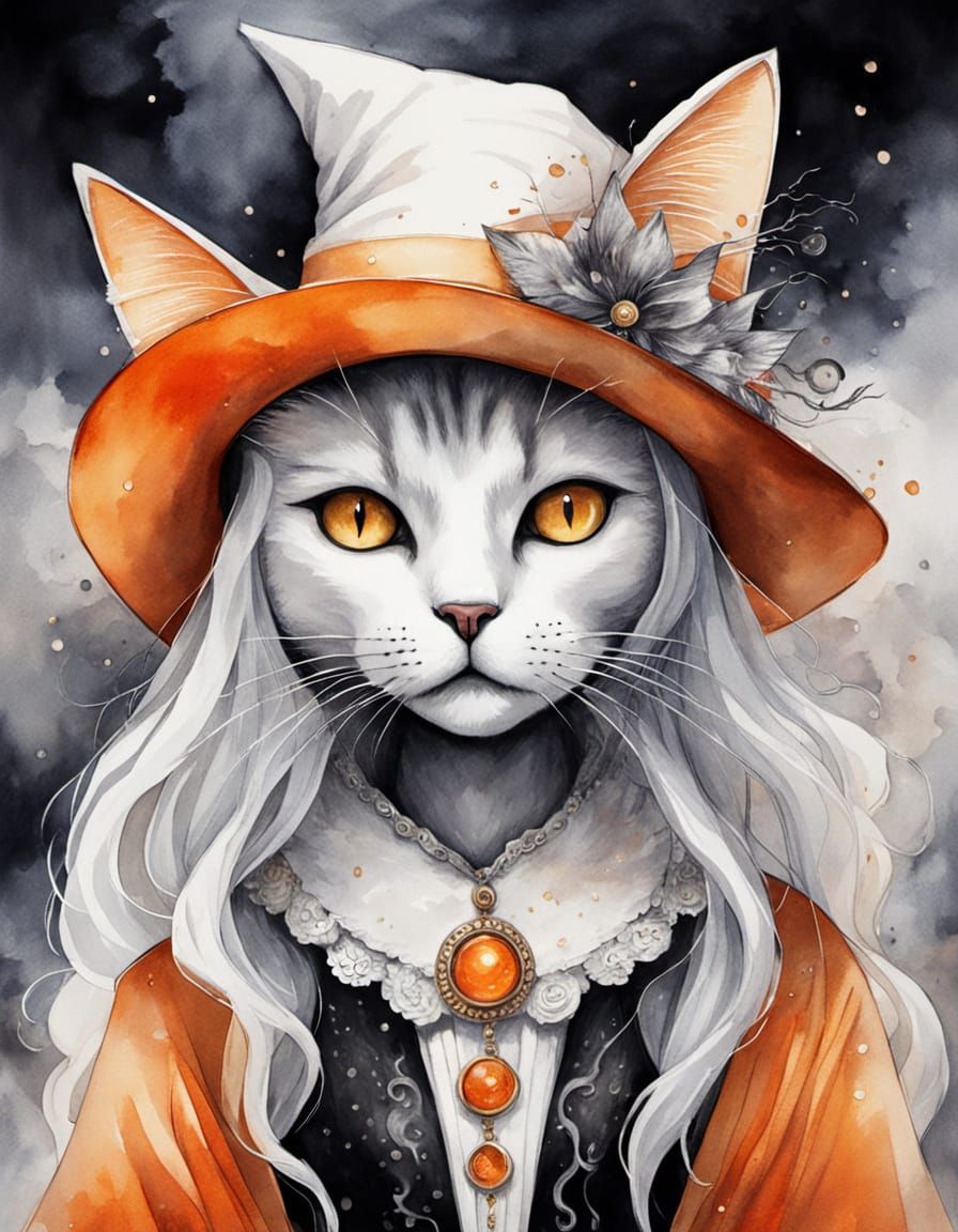 Gothic Witch Portrait with Cat in Watercolor Style