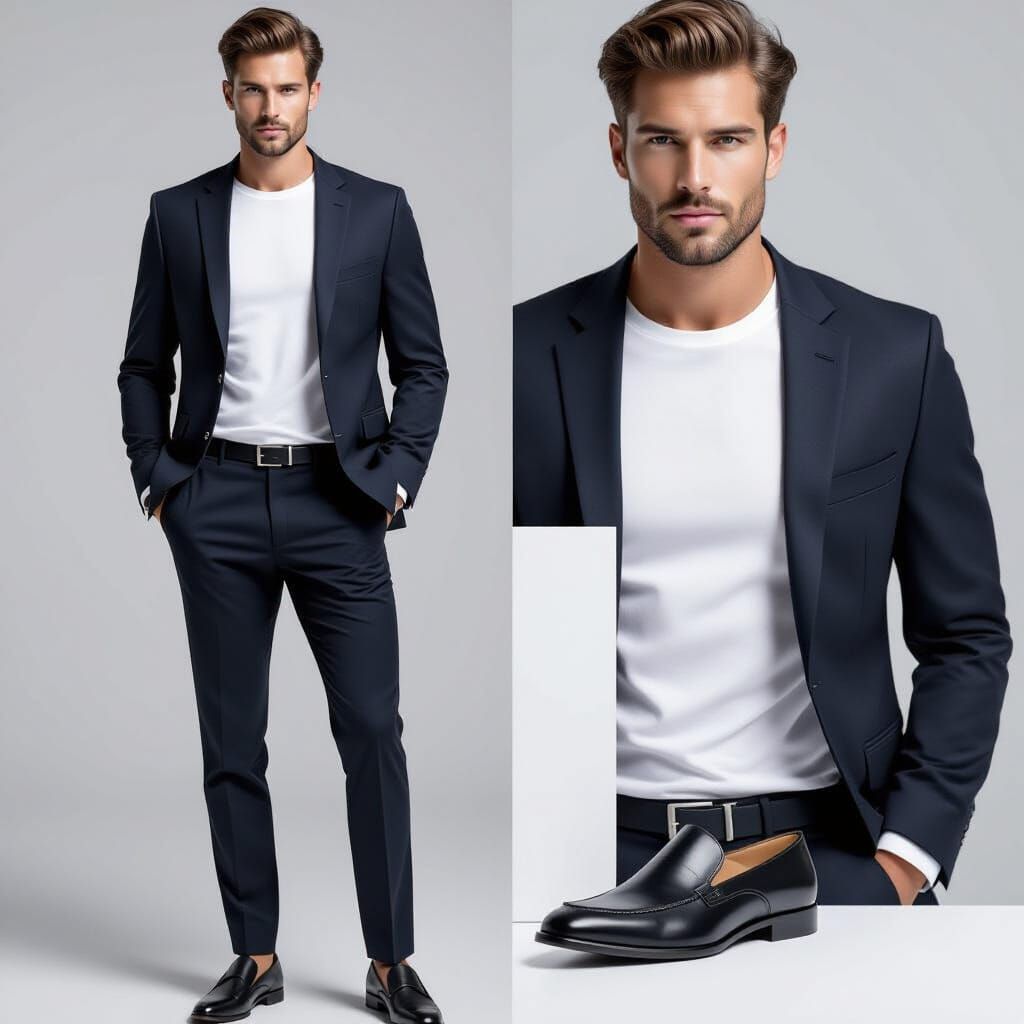 Smart Casual Menswear: Navy Trousers, White Tee, Black Jacke...