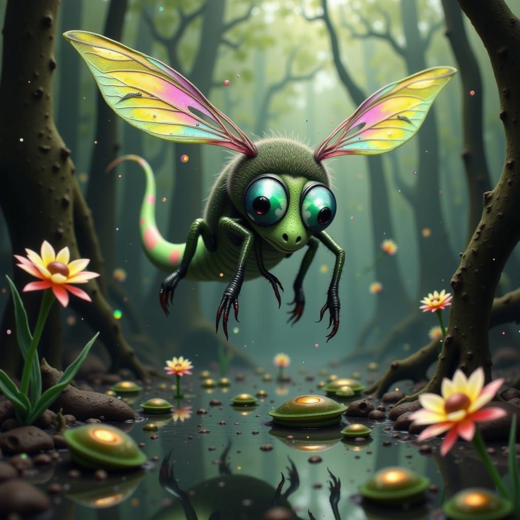 Whimsical Alligator-Dragonfly Hybrid Flies Over Swamp