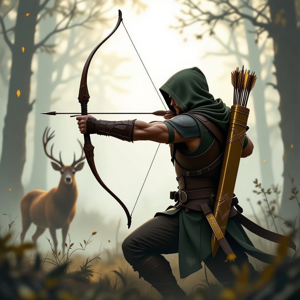 Archer Hunts Deer in Misty Forest
