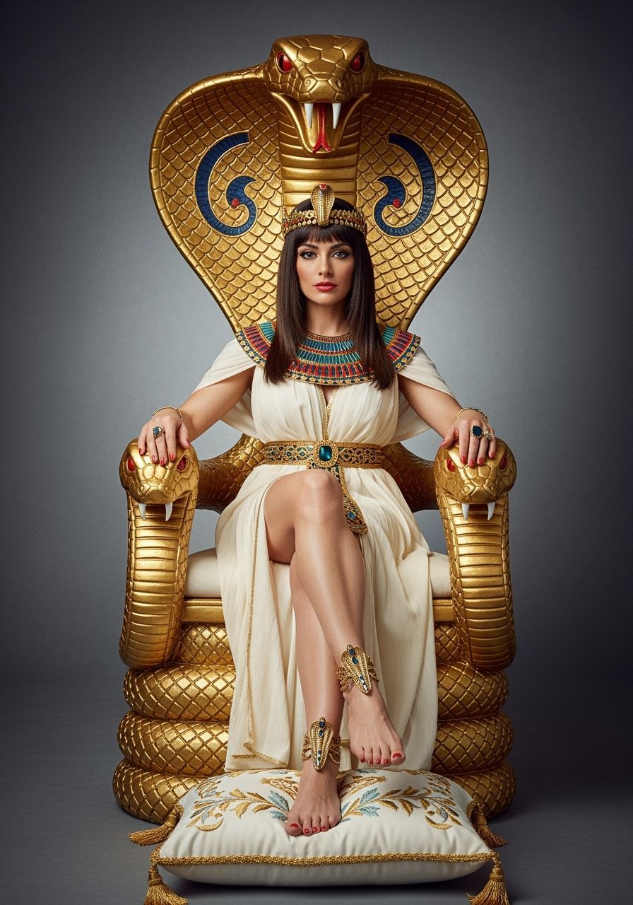 Regal Egyptian Queen on Golden Cobra Throne