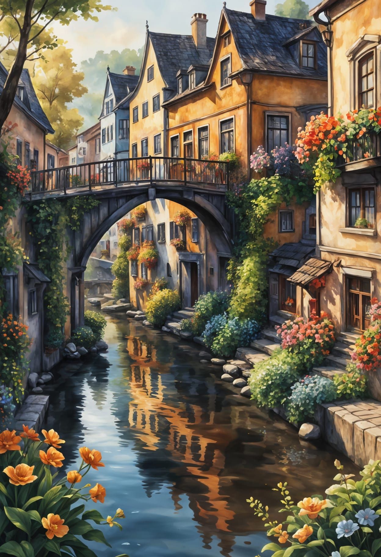 Picturesque Flowery Town on River with Brown Bridge