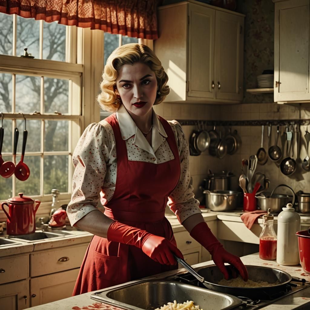 Surreal 1950s Kitchen Scene with Madonna as a Stepford Wife....