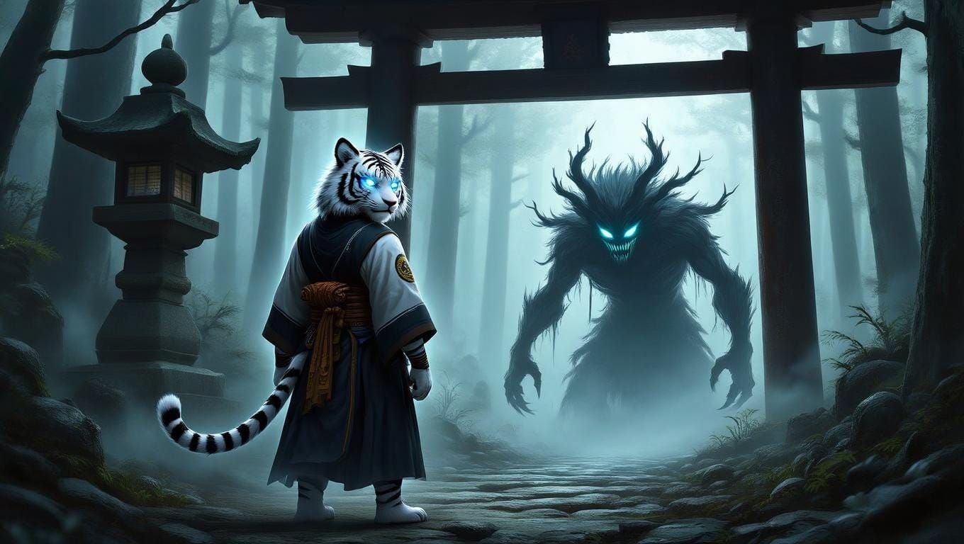 Dark Anime-Inspired Tiger Monk Confronts Haunted Shrine
