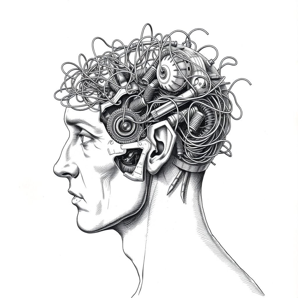 Man's Head with Tangled Wires and Springs in Anatomical Styl...