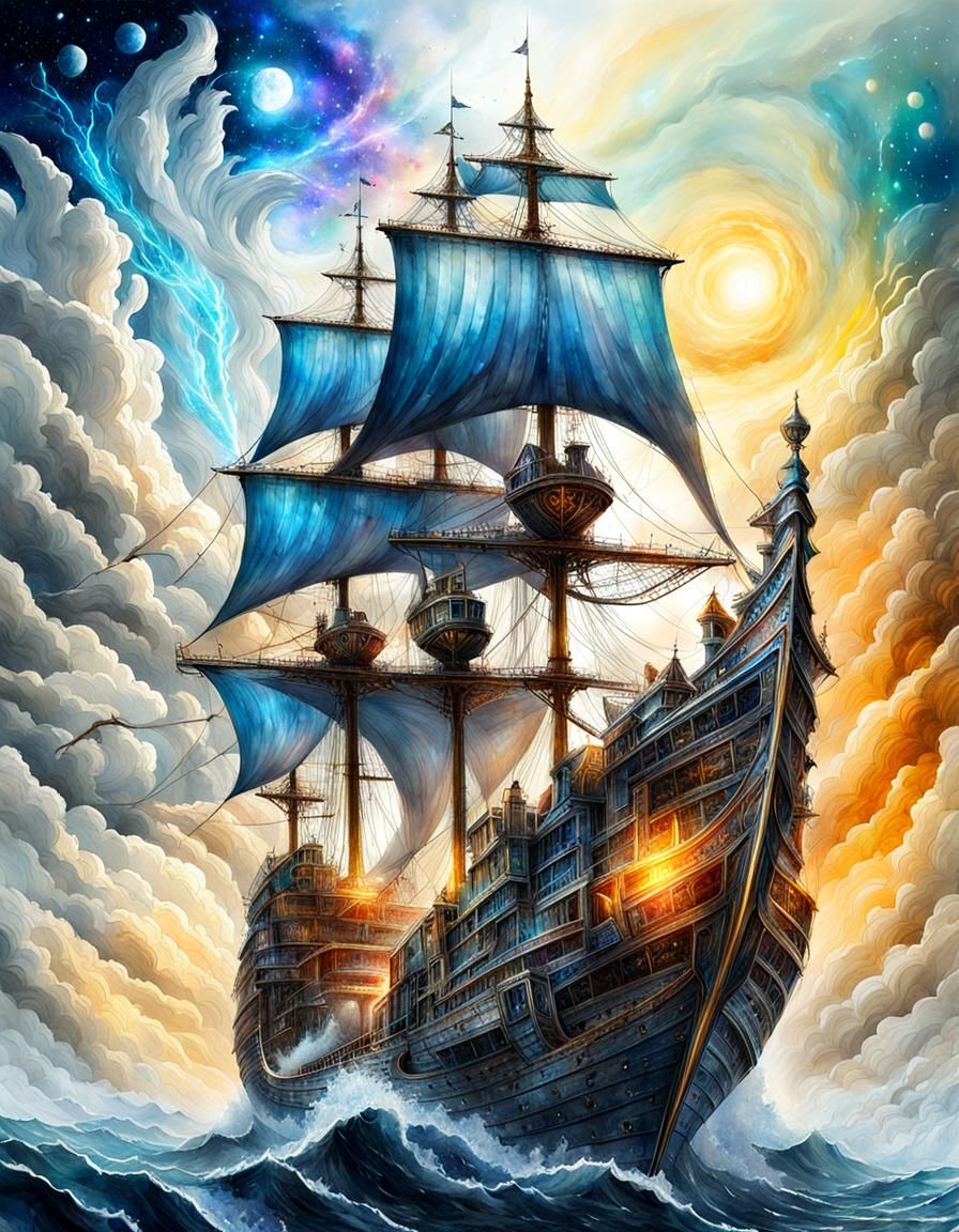 Epic Fantasy Wizards Ship in Watercolor Style