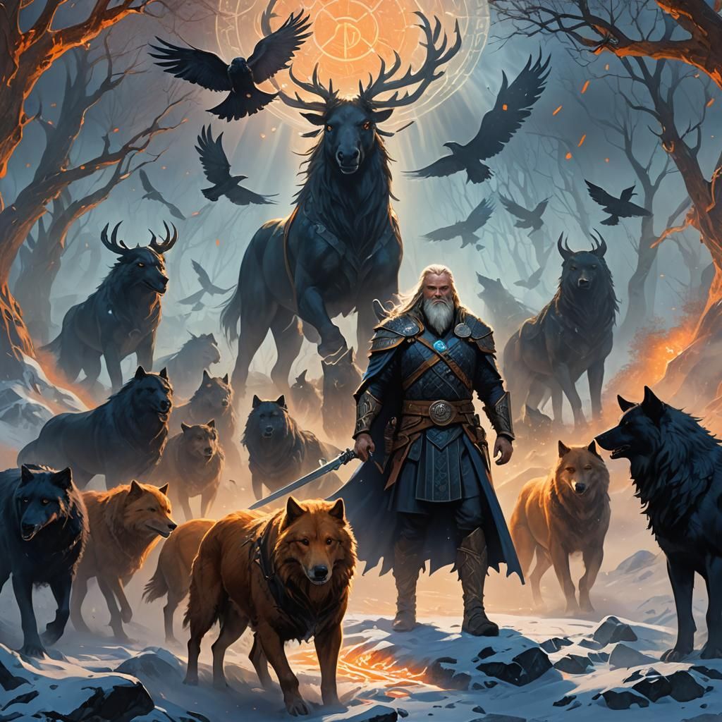 Odin Surrounded by Mythical Creatures in Nordic Fantasy Art