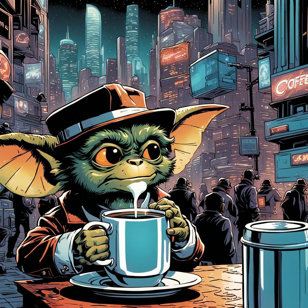 Gremlin Sipping Coffee in Comic Book Cityscape