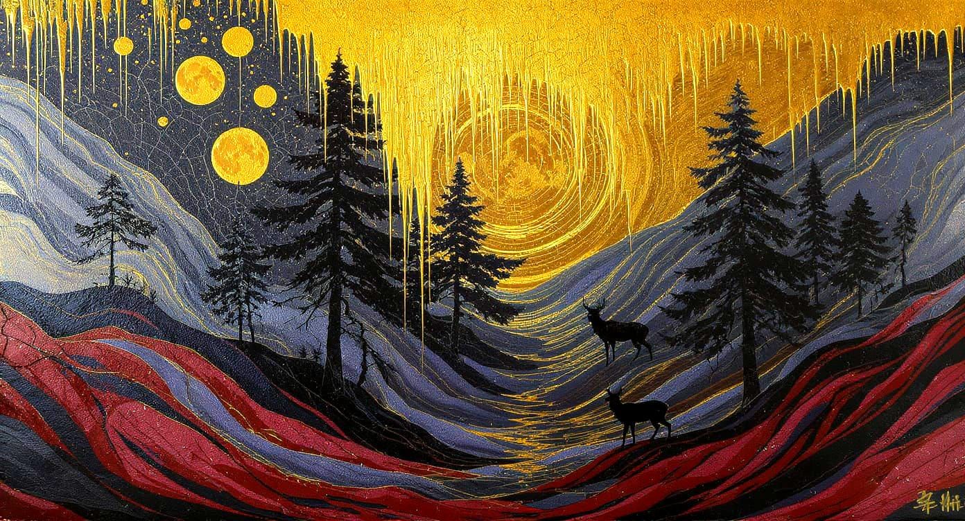 Golden Universe Silhouette with Forest and Mountains