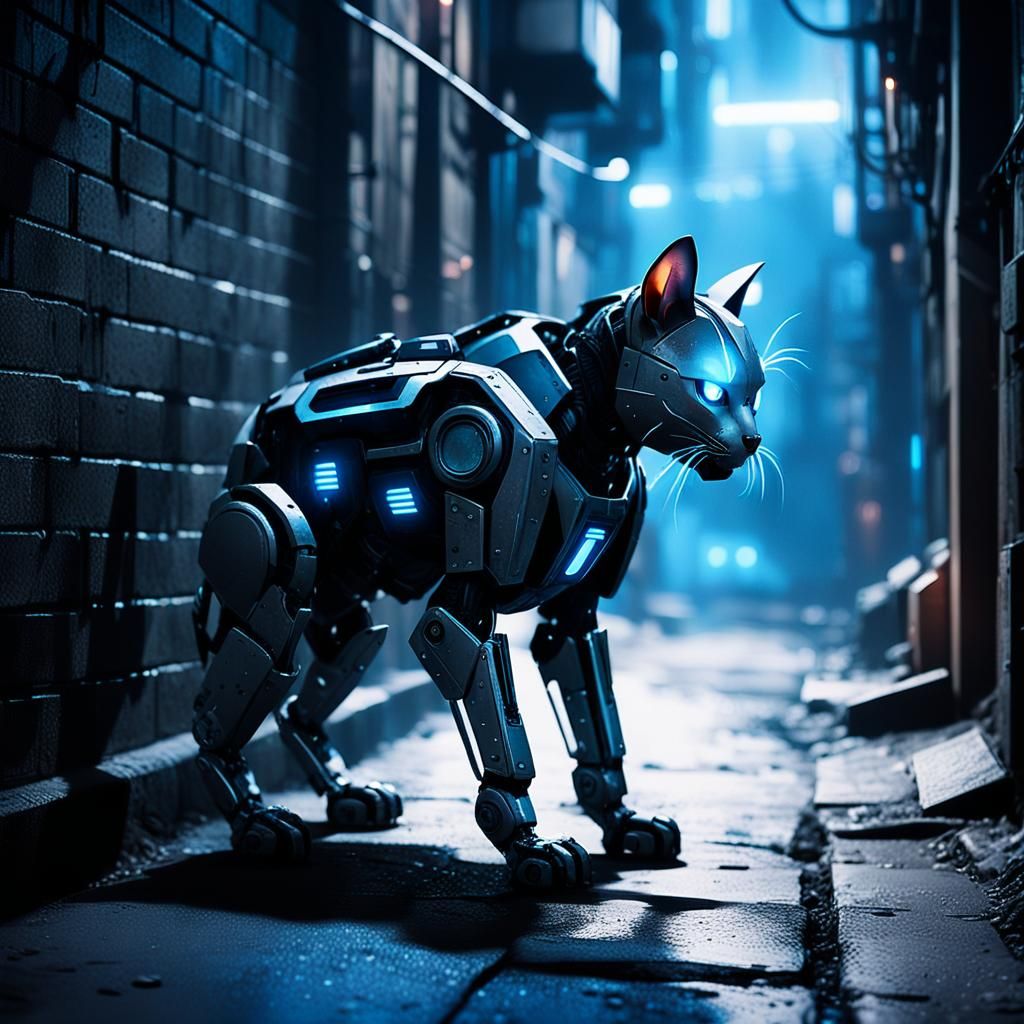 Gritty Robot Cat in Dystopian Alleyway