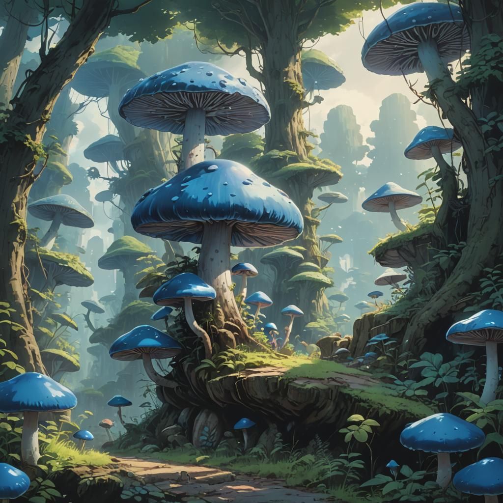 Giant Blue Mushroom in Ghibli Anime Style