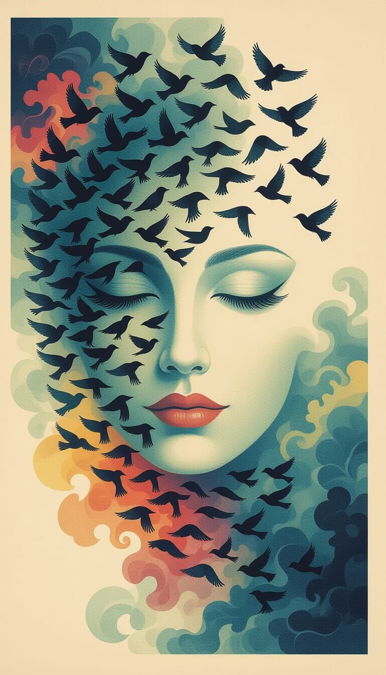 Surreal Dreamscape: Birds Form Face in Vibrant Art