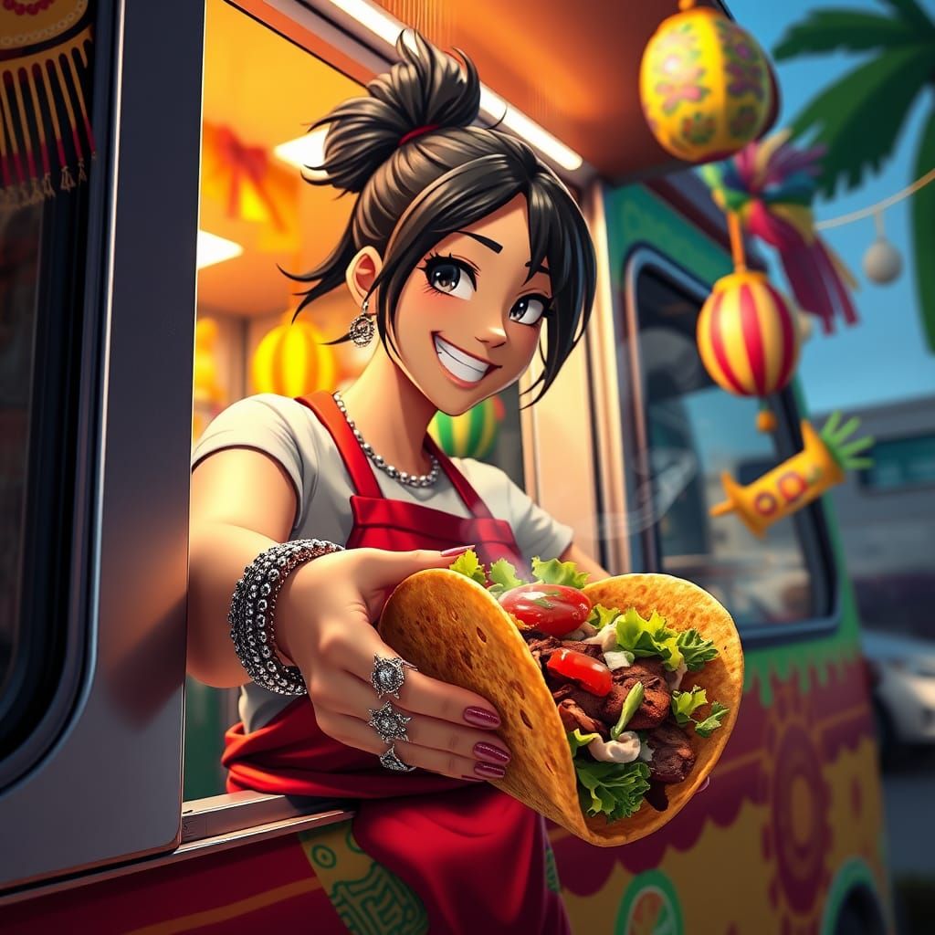 Lively Mexican Food Truck Scene in Anime Style