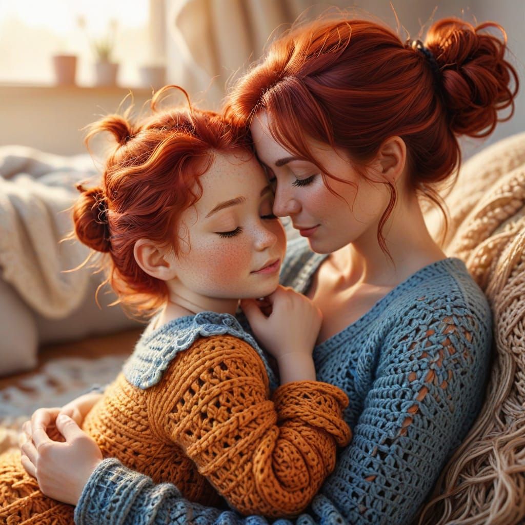 Cozy Crocheted Baby Hugs Mom in Watercolor Style