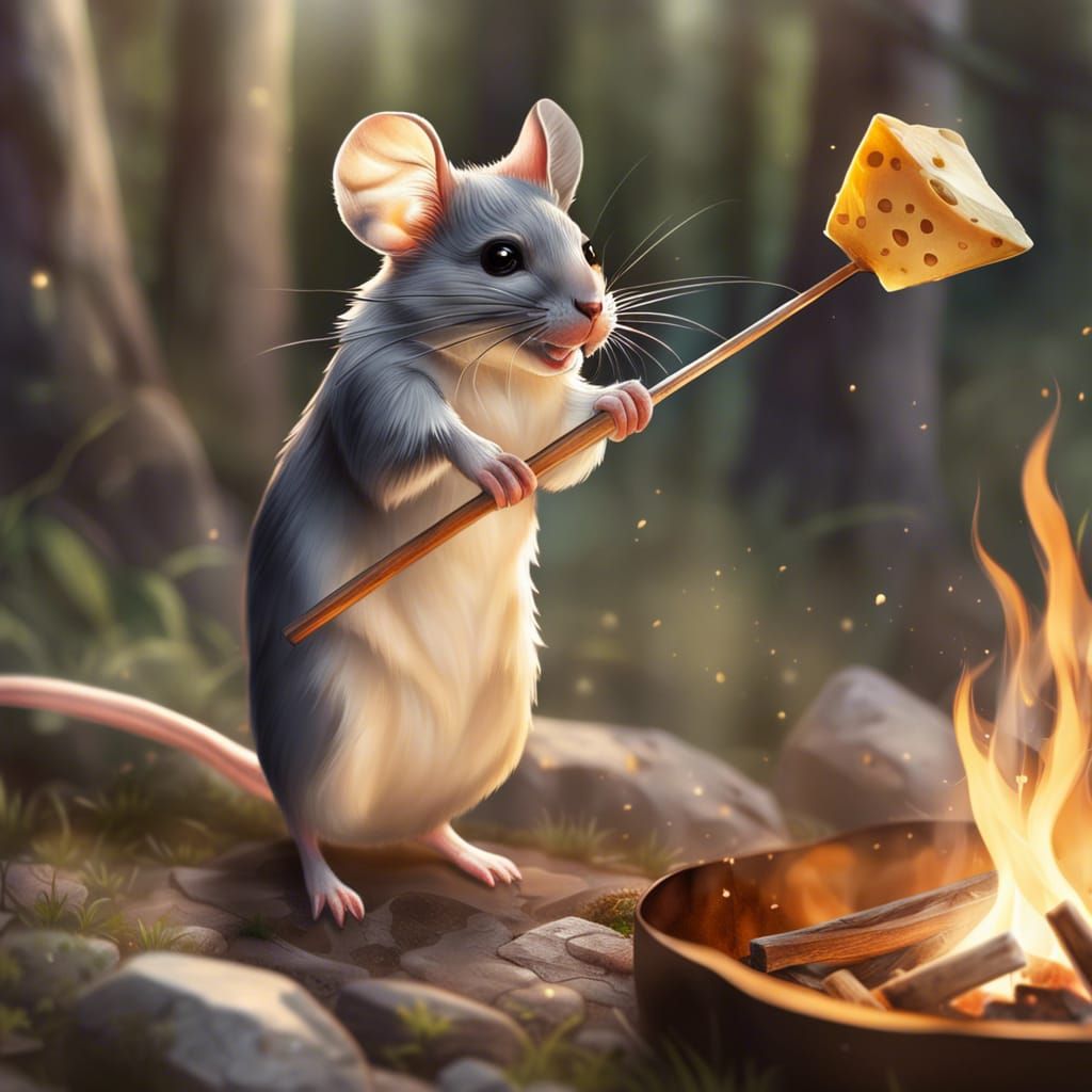 Mouse Roasting Cheese: Whimsical Watercolor Kitchen Campfire