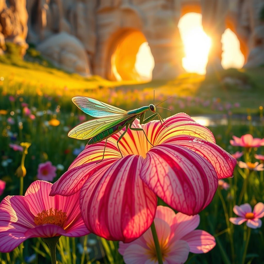 Surreal, Iridescent Mantis in Vibrant Floral Landscape