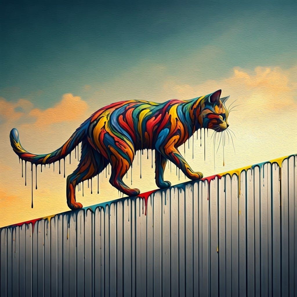 Surrealistic Painted Cat Climbs Fence