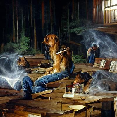 Dogs Smoking Cigars in Cabin, Oil Painting Style