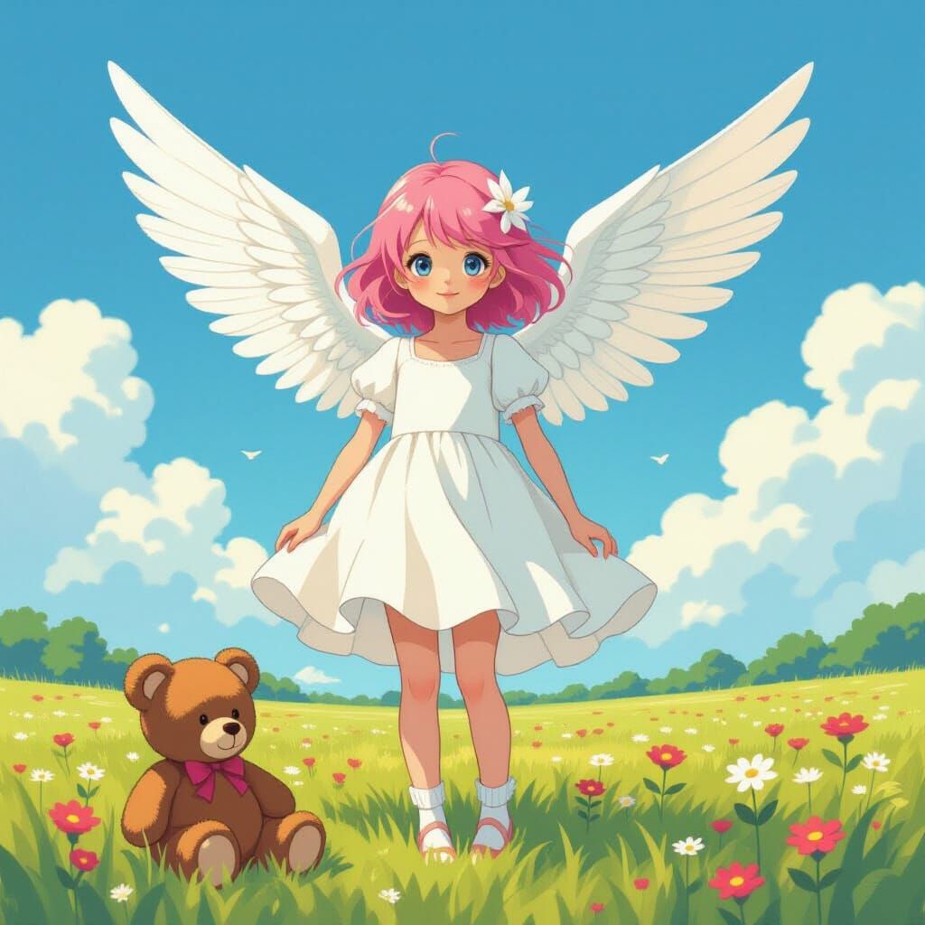 Whimsical Girl in Winged Dress with Teddy Bear