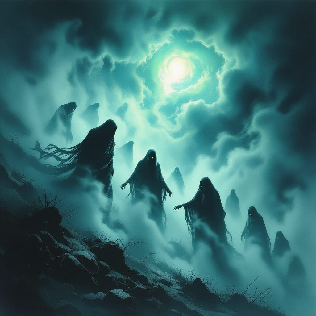 Haunting Ethereal Figures Emerge from Dark Mist