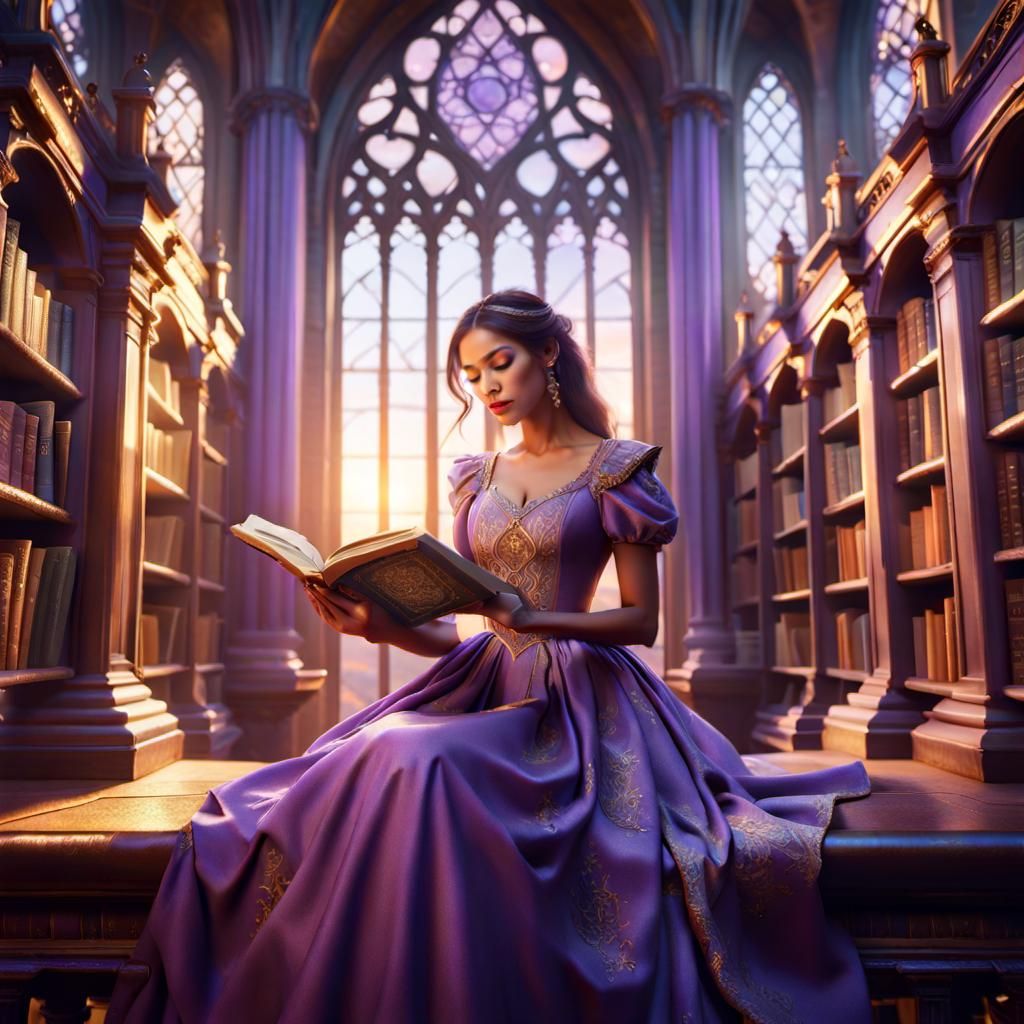 Girl Reading in Enchanted Library at Sunset