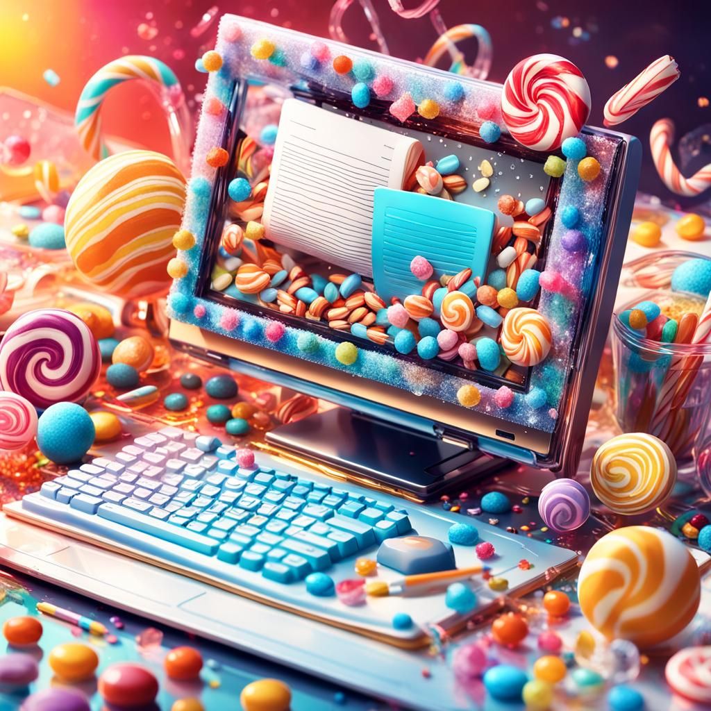 Whimsical Computer Scene in Candy Art Style