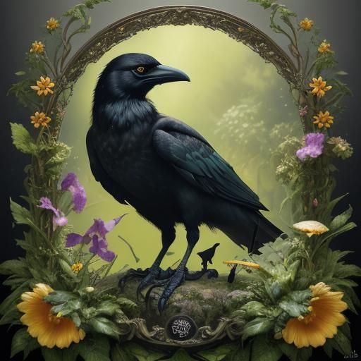 Crow with Cheese in Surreal Summer Garden