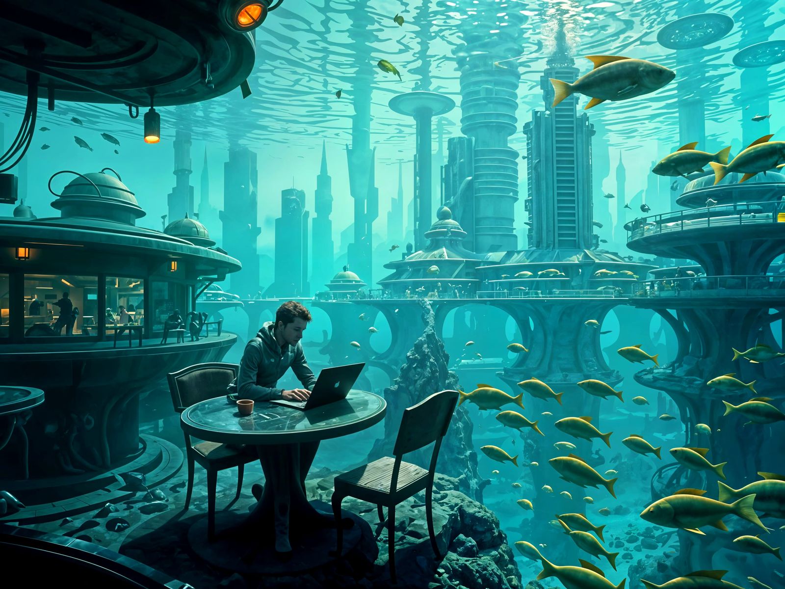 Futuristic Underwater City Cafe Scene