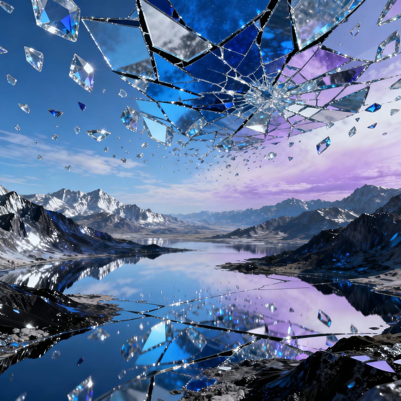 Surreal Mirror Lake Plateau with Fractured Reflections