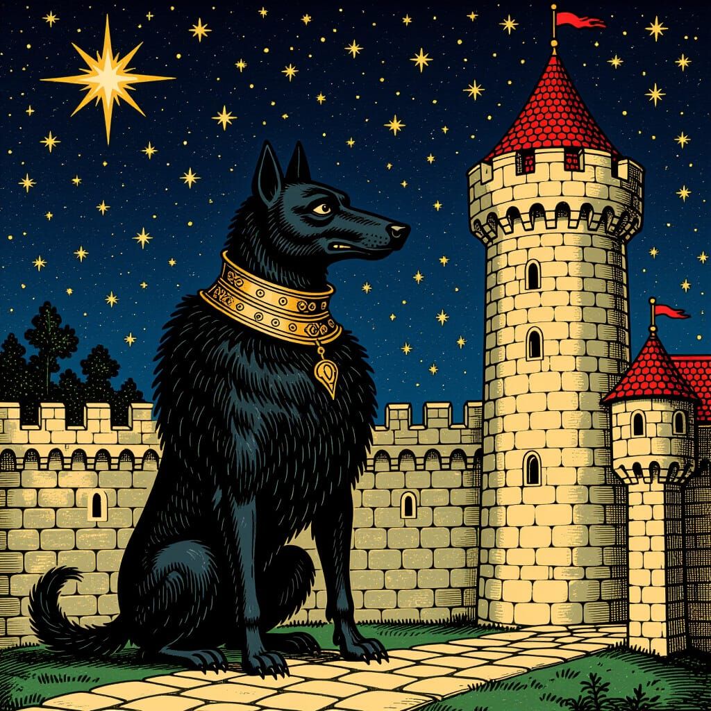 Dog-Headed Being Outside Stone Castle, Golden Age Illustrati...
