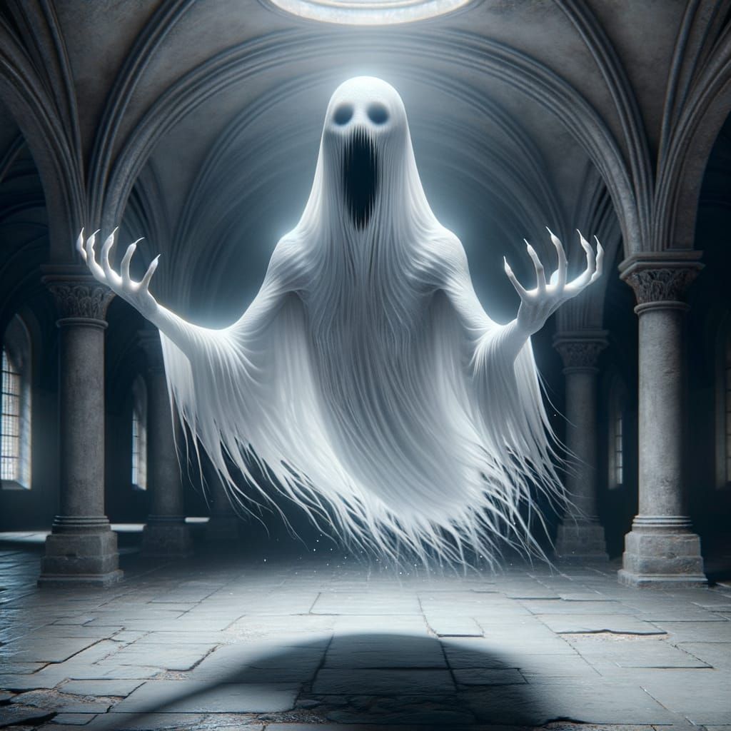 Ethereal Specter in Dimly Lit Chamber