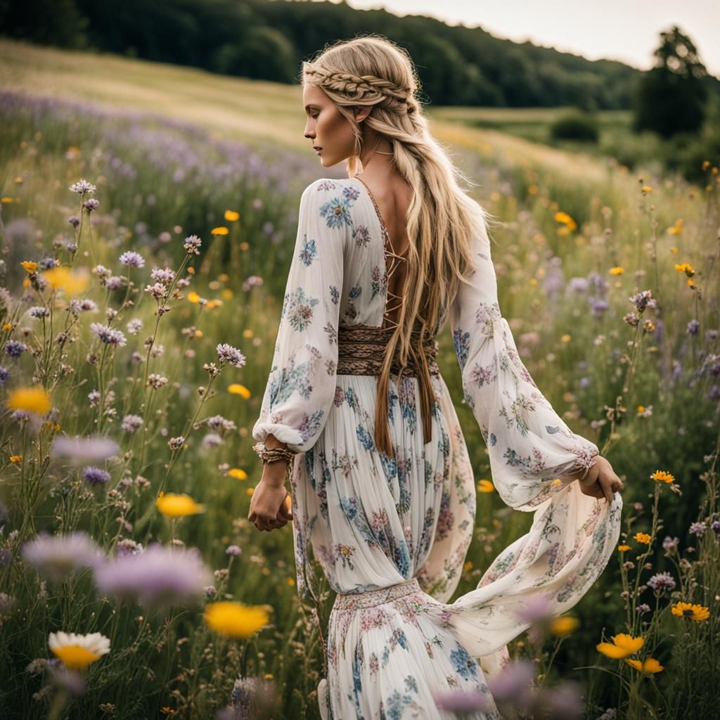 Boho Gypsy Girl in Wildflower Meadow