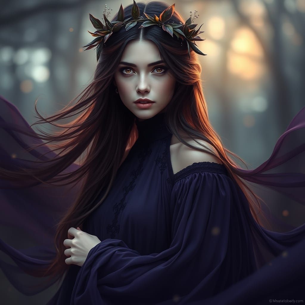 Ethereal Mystic in Dark Purple Gown with Leaf Crown
