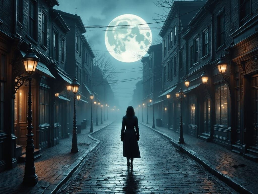 Lonely Figure Walks in Moonlit City, Atmospheric Digital Art