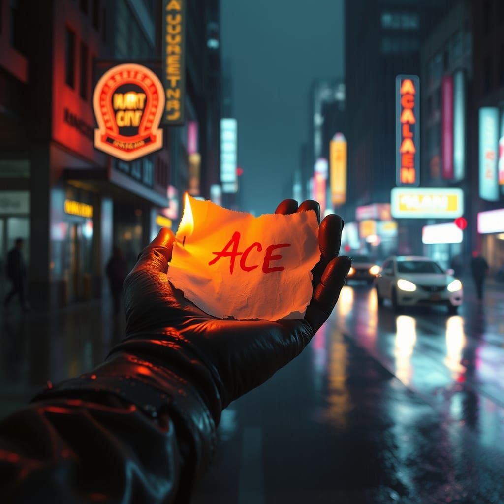 Gloved Hand Cradles Flickering Flame in Neon-Lit City