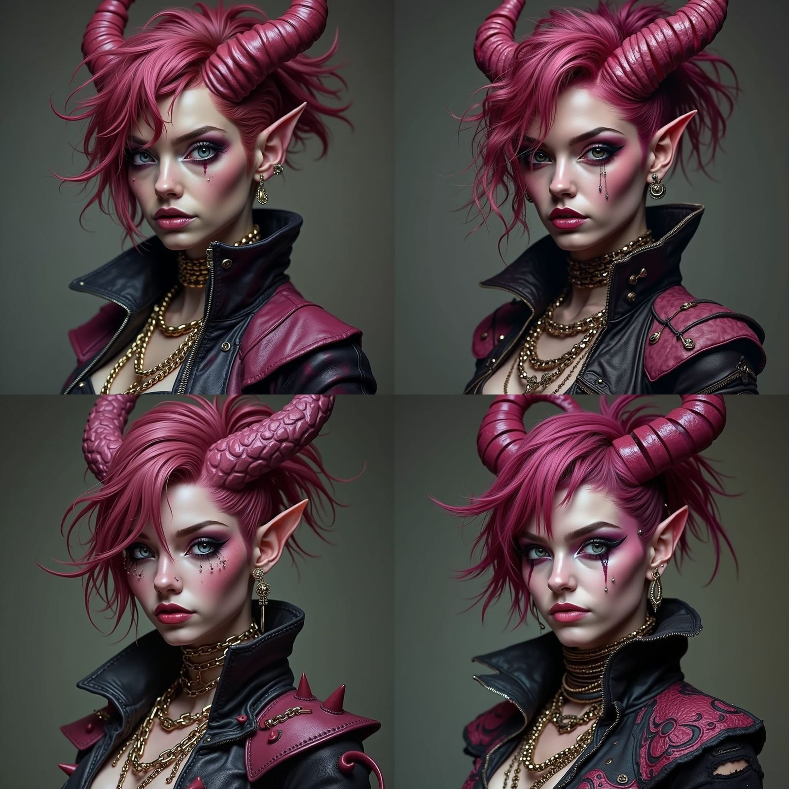 Reddish-Pink Tiefling Bard with Dark Pink Hair and Silver Ey...