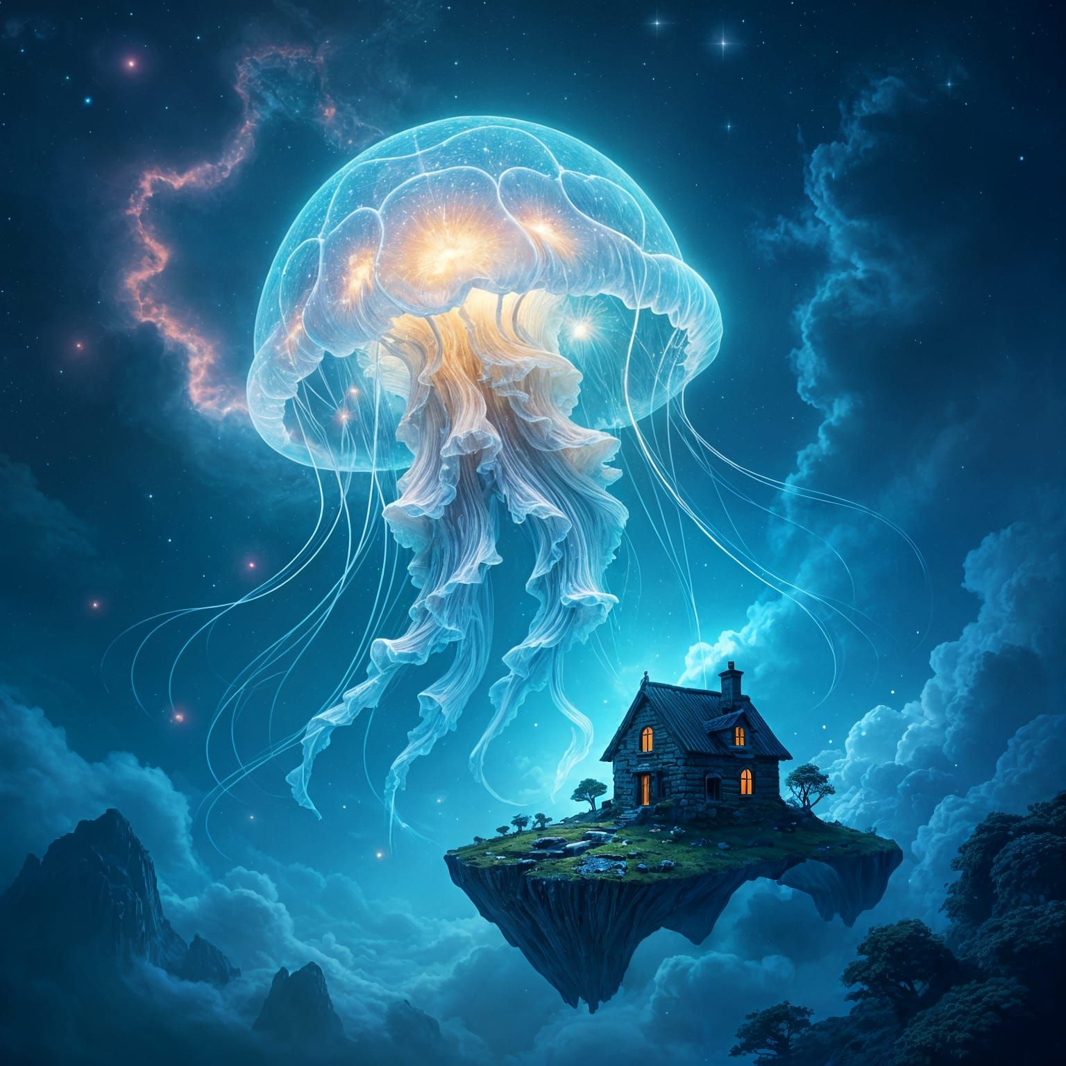 Cosmic Jellyfish Over Nebula Cottage