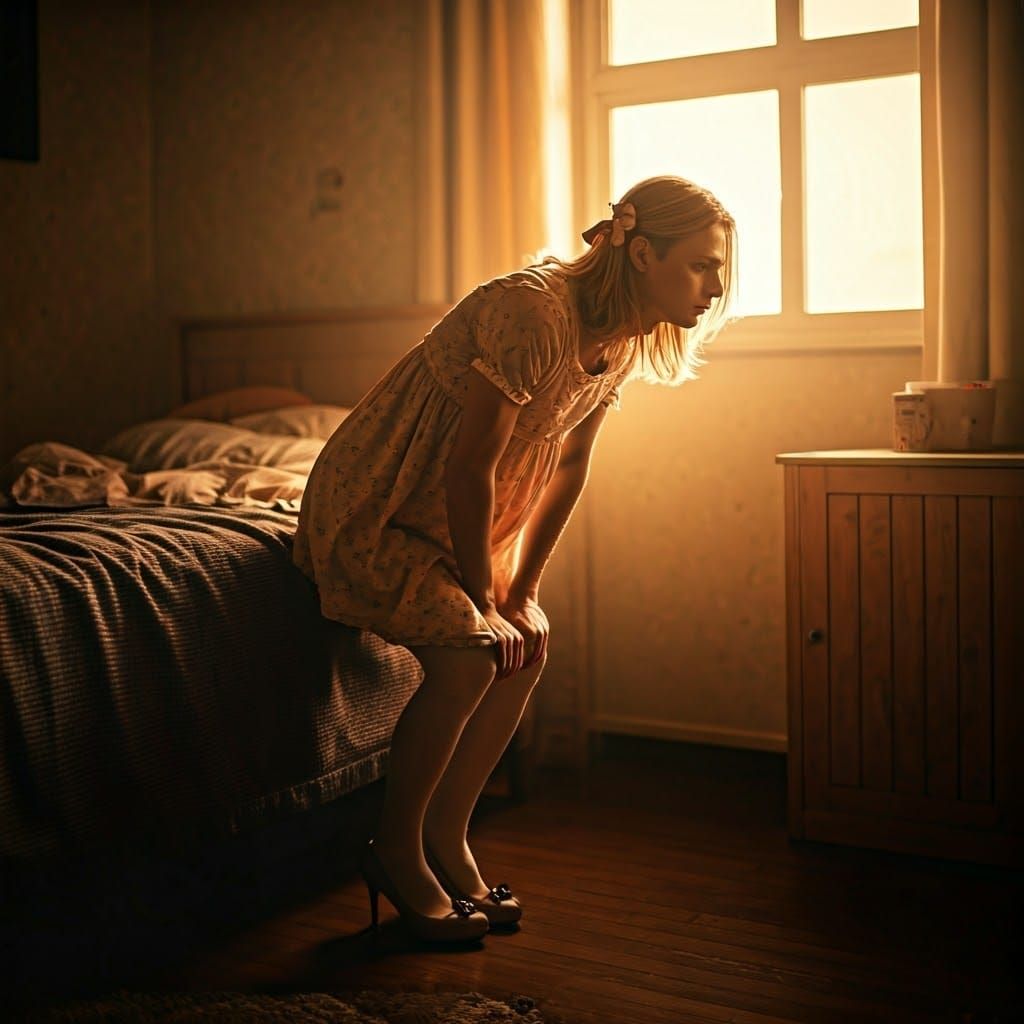 Androgynous Youth in Babydoll Dress, Vulnerable Pose