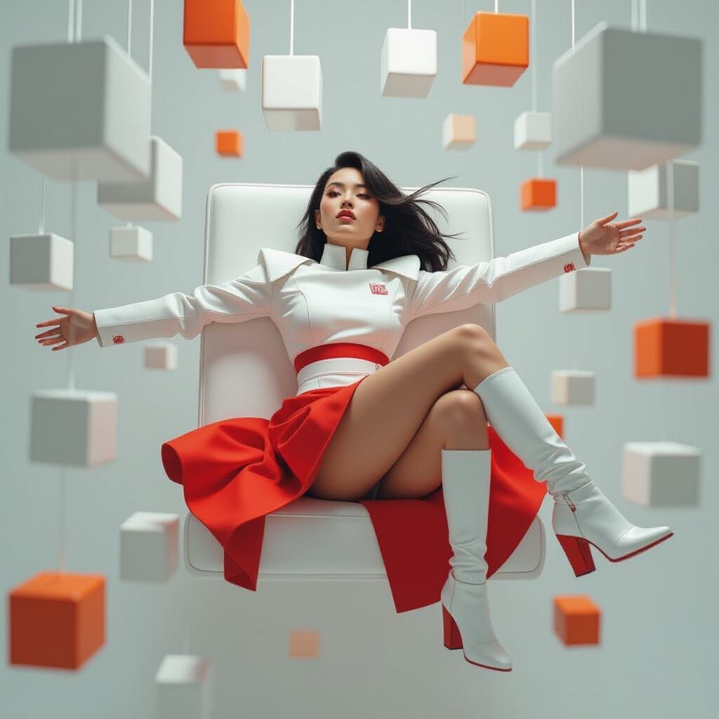 Asian Woman Reclining Among Suspended Blocks in Futuristic S...