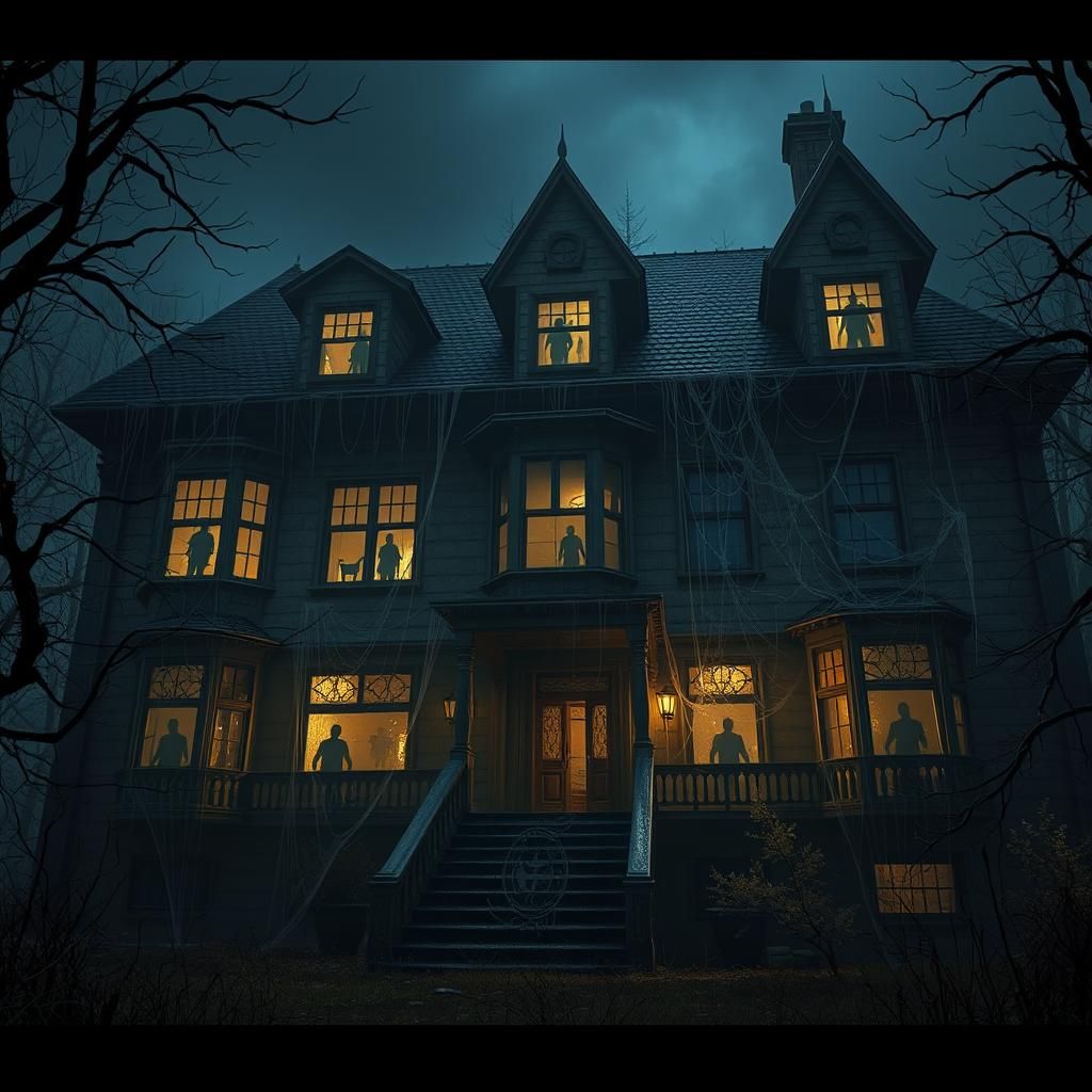 Creepy Haunted Mansion with Shadowy Figures