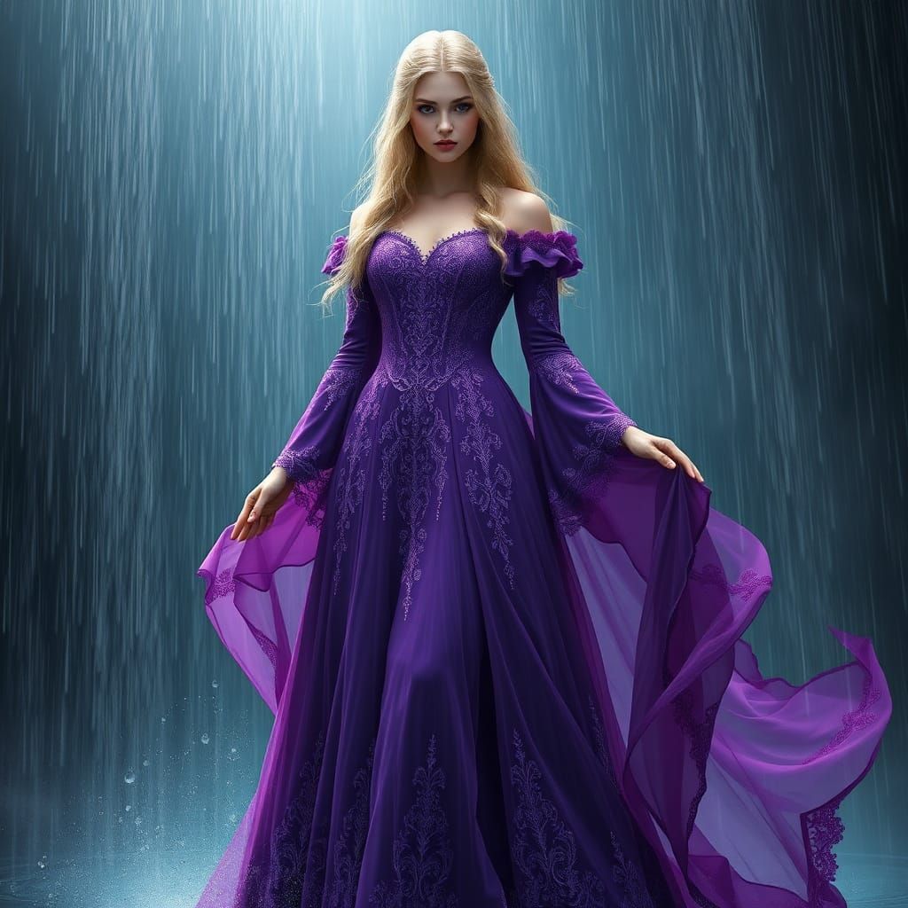 Blonde Maiden in Purple Gown Amidst Rain