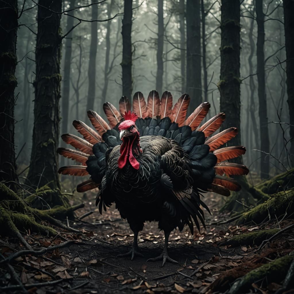 Demonic Turkey in Misty Forest: Surrealist Horror