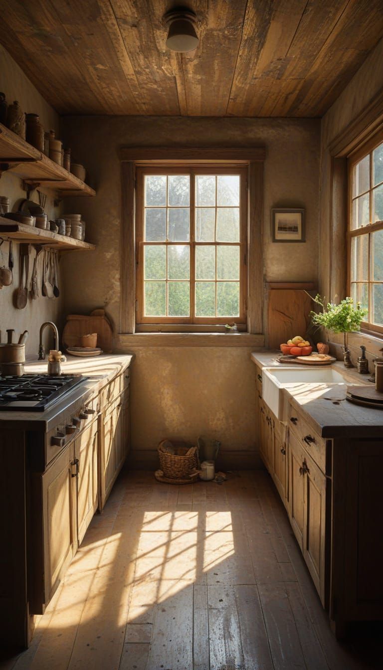 Sunlit Rustic Kitchen Oil Painting with Warm Golden Light