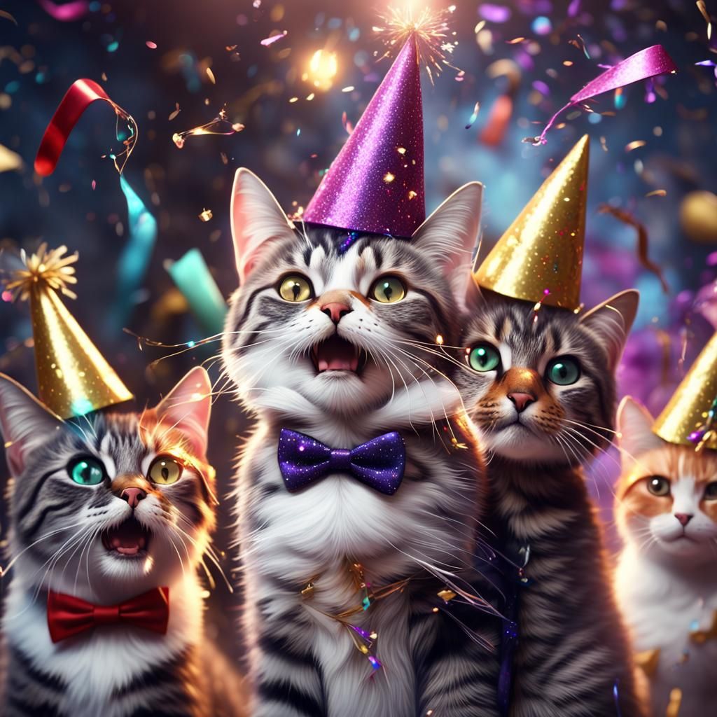 Drunk Cats Celebrate New Year in Matte Painting