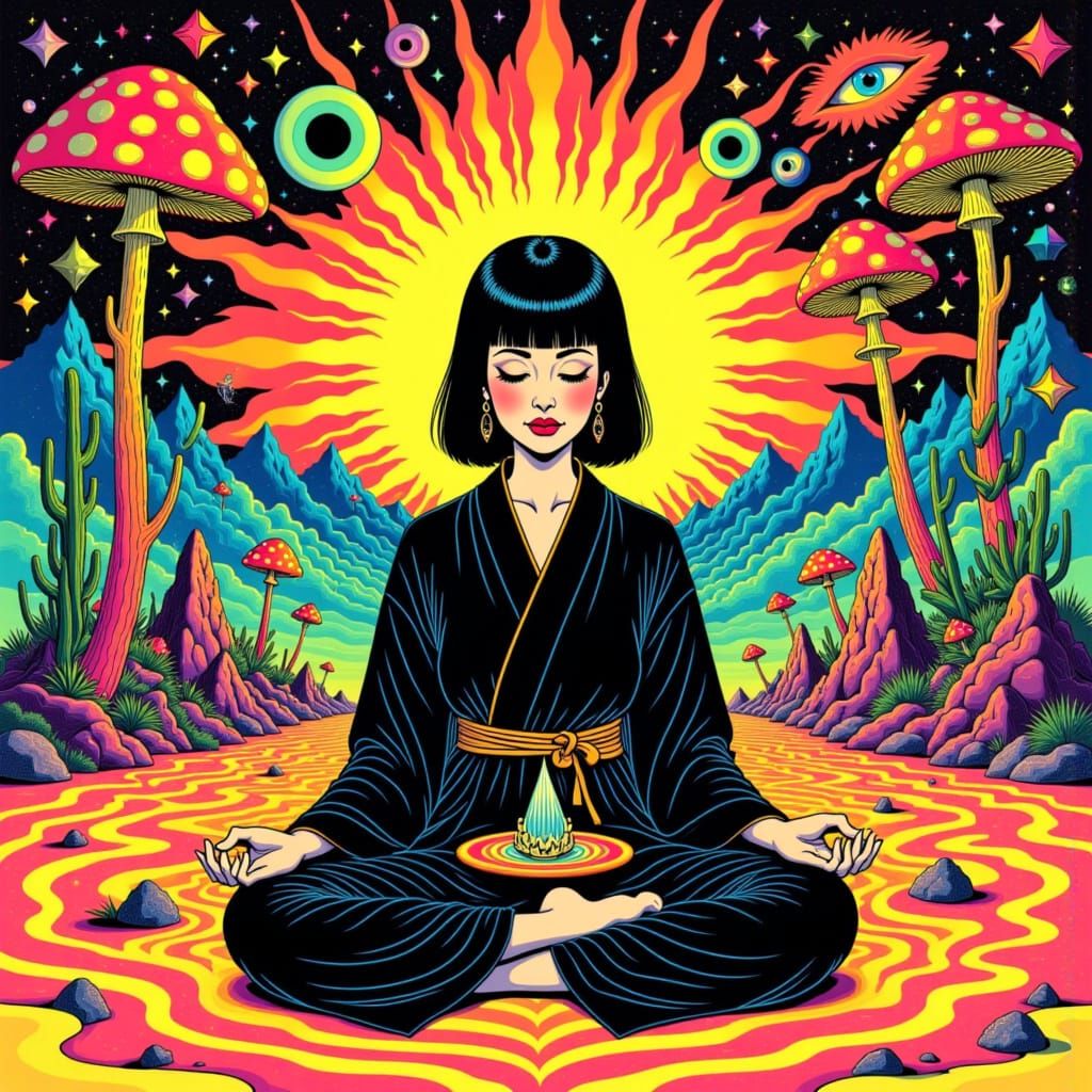 Meditating Woman in Psychedelic Valley of Eyes
