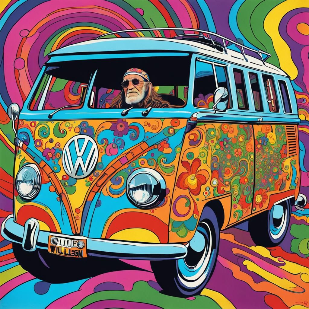 Willie Nelson driving a VW van in the 1960's